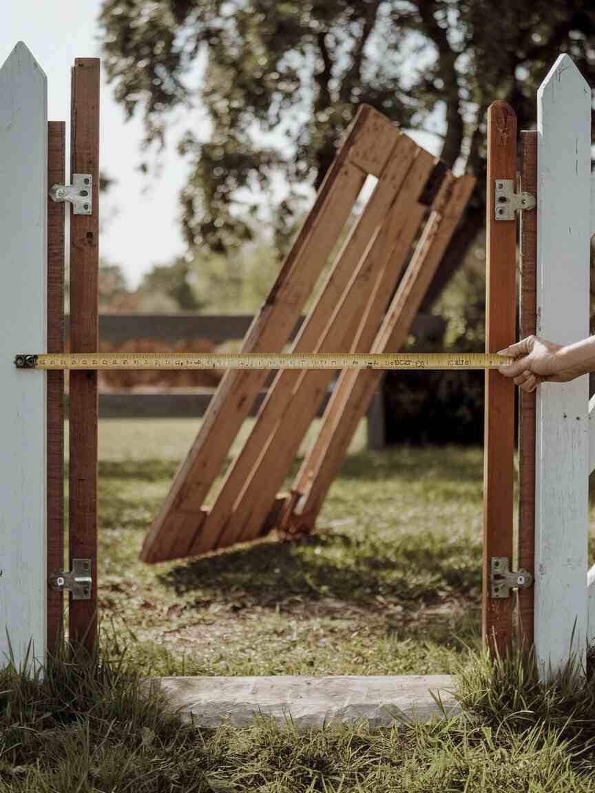 A tape measure stretching across a fence opening