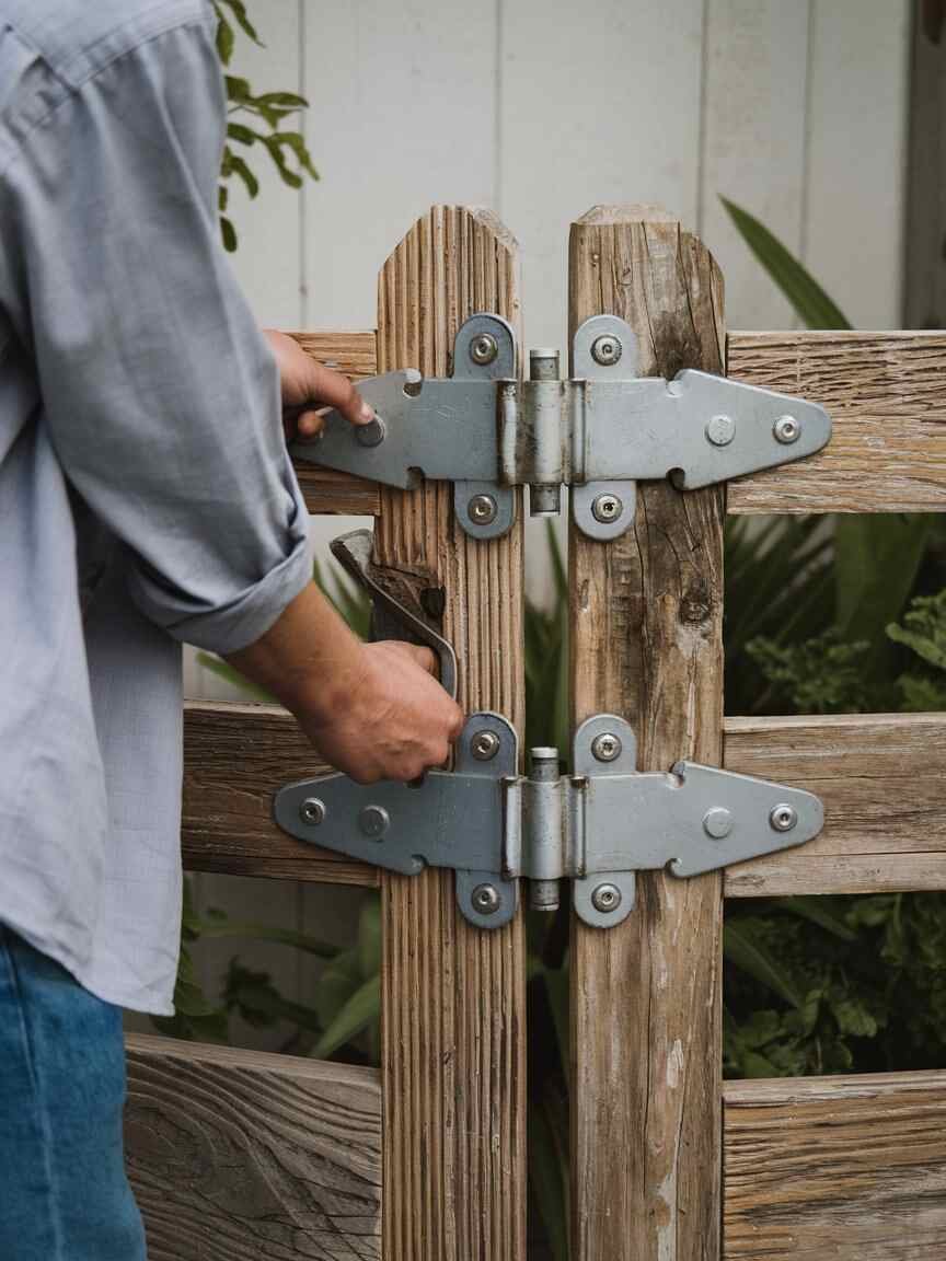 person attaching heavy-duty hinges to a wooden gate