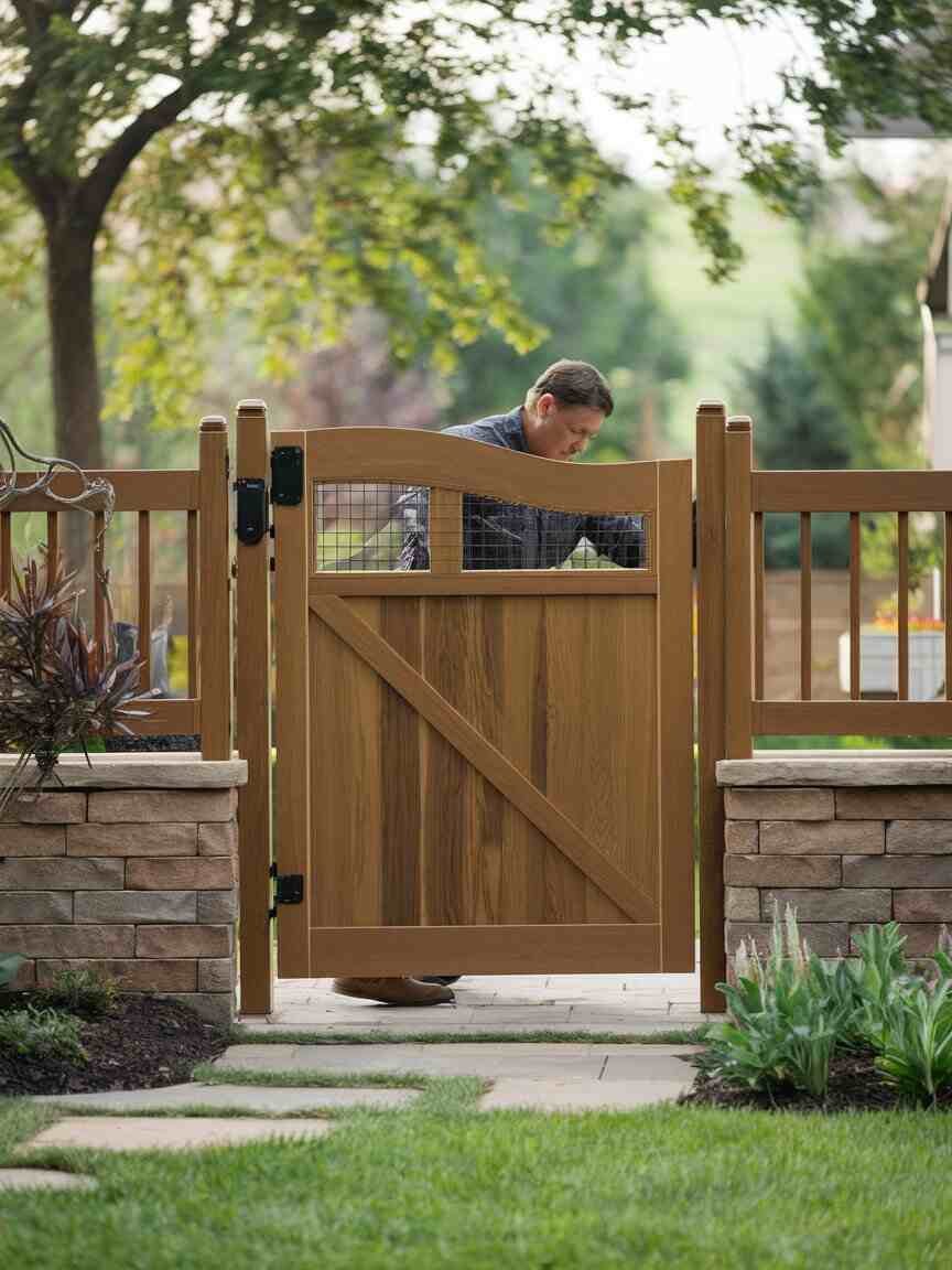 A fully installed wooden gate being tested