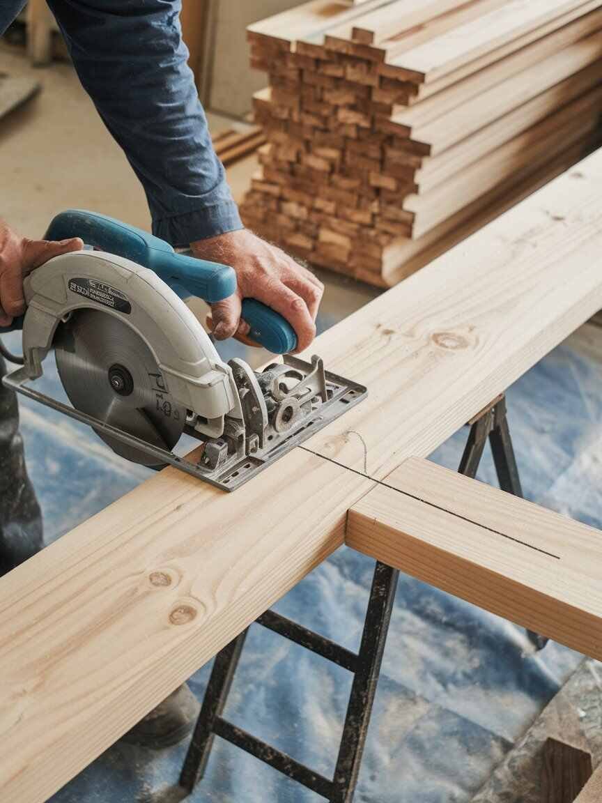 wooden 2x4 boards being cut with a circular saw