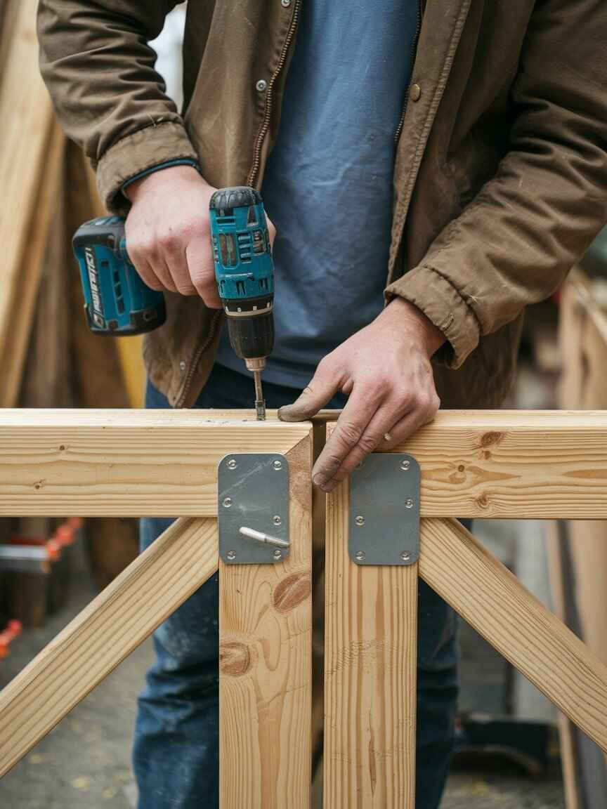 a person attaching wooden gate frame with screws