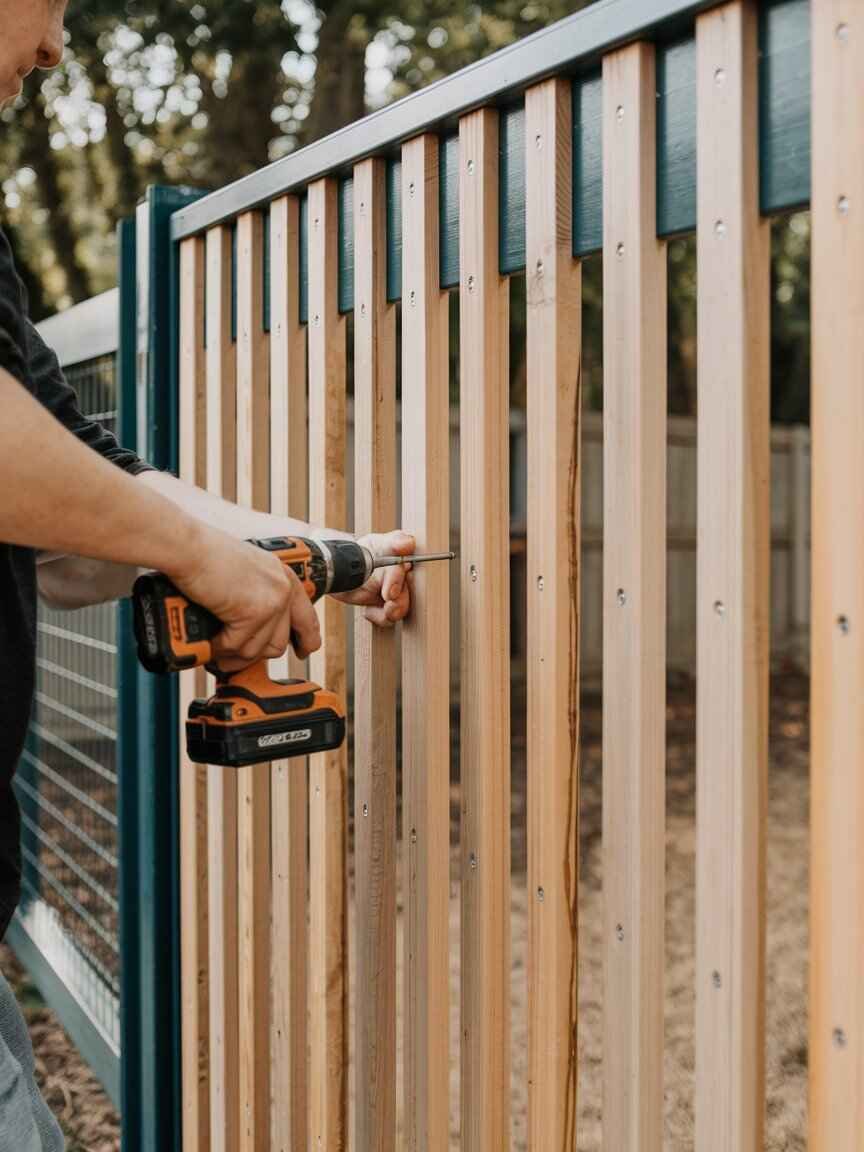 frame of the gate with vertical wooden boards being attached