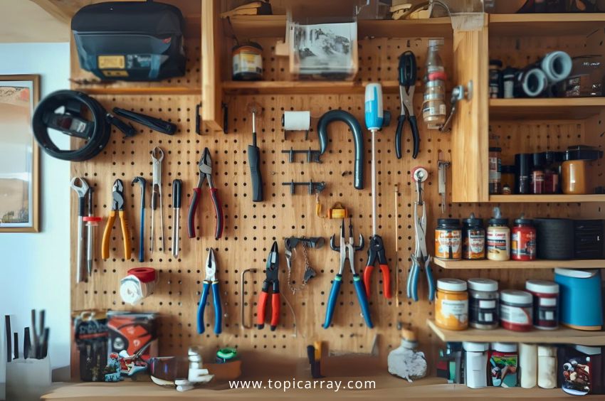 A wall-mounted DIY pegboard organizer made of wood, displaying a variety of hanging hand tools, pliers, and jars of supplies for a cheap and functional wall decor idea.