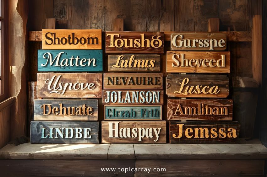 A collection of assorted DIY wooden name signs with different painted text, fonts, and rustic wood finishes, used for personalized wall decor.