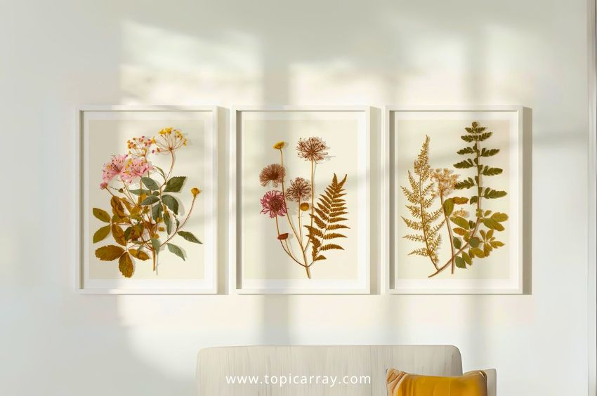 A set of three DIY pressed botanical frames in white, showcasing different arrangements of dried pink flowers and ferns, perfect for a cheap wall decor project.