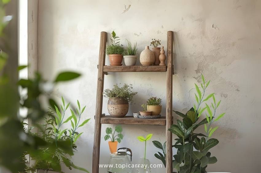 A DIY rustic wooden ladder shelf leaned against a textured white wall, decorated with various potted plants and ceramic vases, offering charming and space-saving storage.
