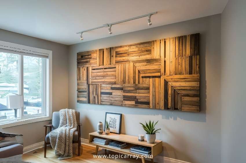 A large, modern living room with a unique wood pallet wall art installation made from recycled wood arranged in a geometric, mosaic pattern.