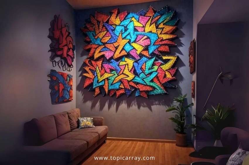 A large, vibrant DIY string art installation featuring an abstract geometric design with bright colors like blue, orange, red, and yellow, displayed in a modern living room.