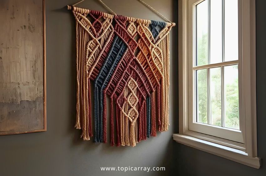 A colorful DIY macrame wall hanging with a diamond pattern in red, blue, and cream, perfect for budget-friendly home decor.