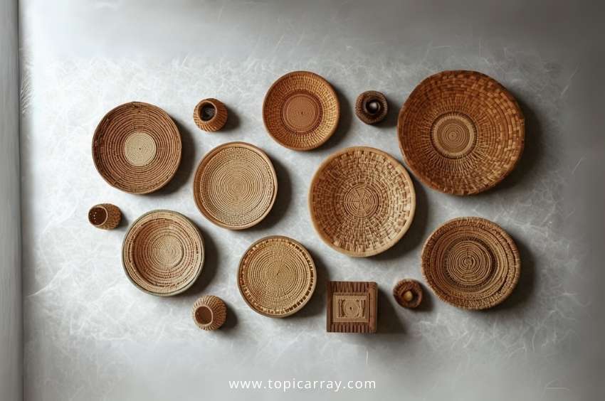 A DIY wall display of various-sized woven baskets arranged in a clustered pattern, adding texture and a rustic, natural look to the room.