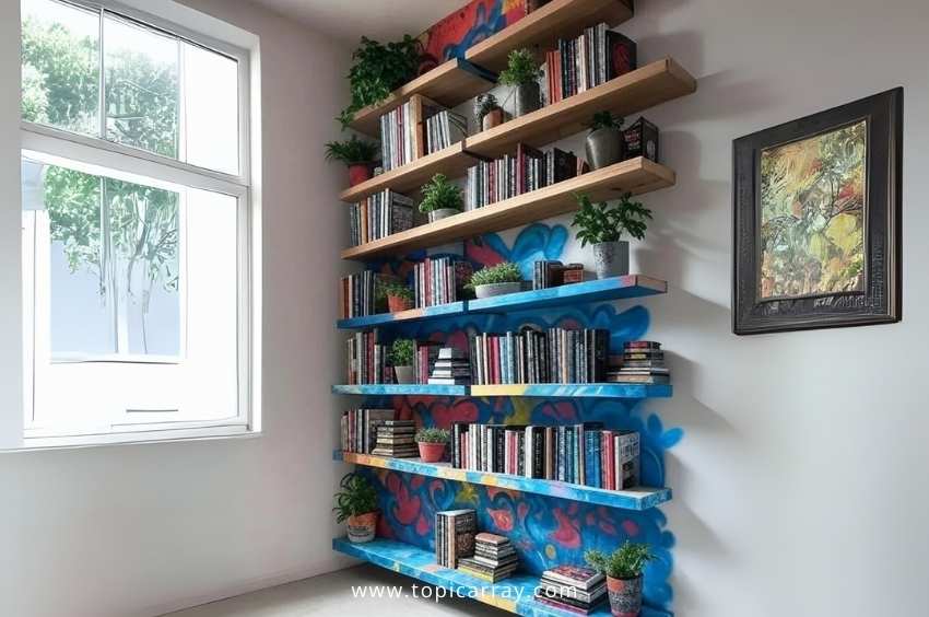A set of DIY floating shelves mounted on a wall with vibrant blue and red graffiti art behind them, functioning as a stylish bookshelf and plant display.