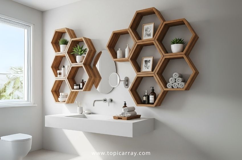 A set of DIY hexagon wood shelves arranged in a honeycomb pattern above a bathroom sink, a cheap and modern geometric wall decor idea with functional storage.