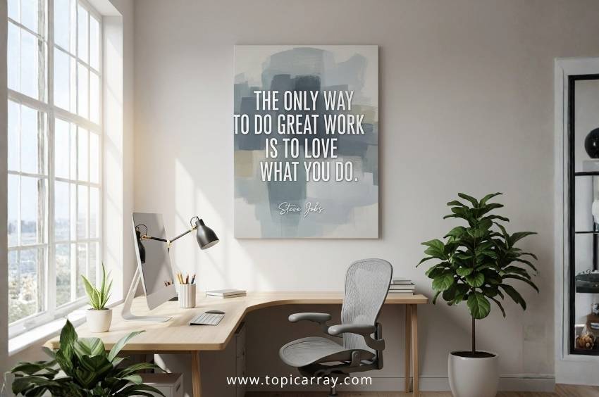 A large, framed DIY canvas quote painting with an inspirational message, displayed above an office desk, serving as an inexpensive and motivational wall decor idea.