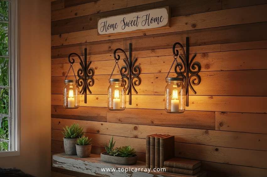 A set of three DIY mason jar wall sconces mounted on a rustic wood panel wall, containing glowing lights to create a cozy, farmhouse-style ambiance.