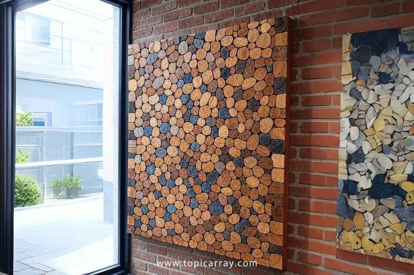  A large, square eco-friendly DIY scrap wood mosaic wall art piece, made from small, round slices of natural and dark-stained wood, displayed on a brick wall.