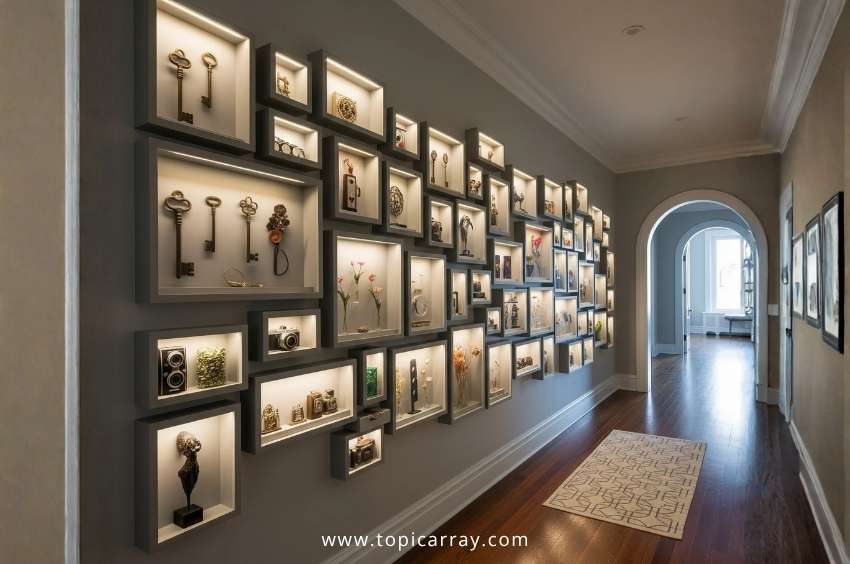 A large DIY shadow box gallery wall featuring multiple illuminated deep frames displaying a collection of vintage keys, cameras, and small souvenirs, perfect for storytelling wall decor.