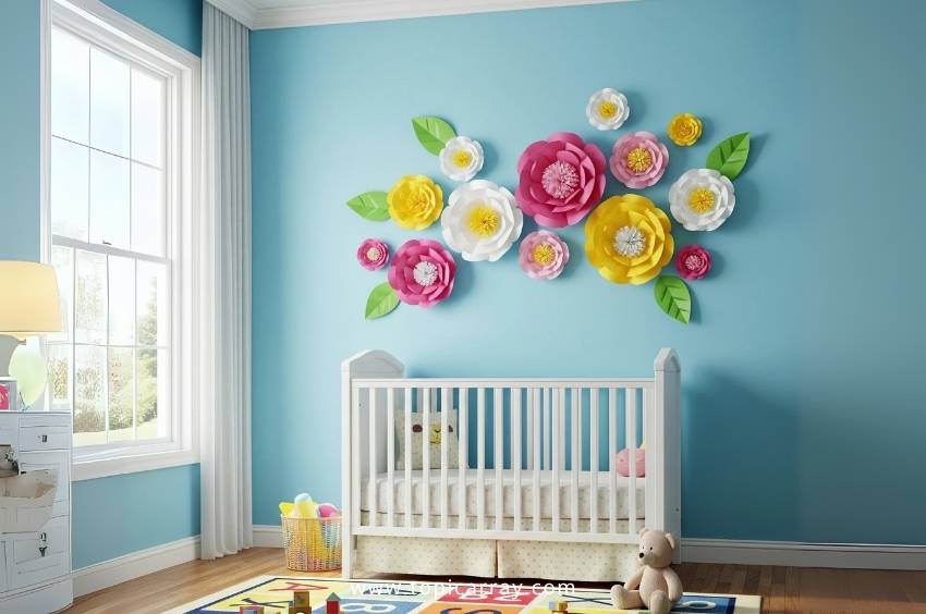 A DIY tissue paper flower wall display in a nursery, featuring large, colorful paper blooms in pink, yellow, and white, a cheap and festive wall decor idea.