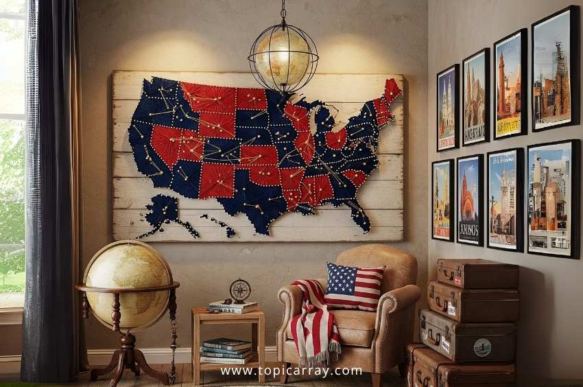 A large, DIY US Map String Art piece in red and blue thread on a rustic wood board, a creative and cheap way to track travels and show patriotism.