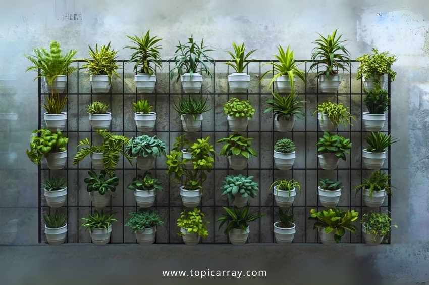 A DIY wall planter grid mounted on a textured gray wall, filled with numerous small potted green plants, adding greenery and visual interest to the space.